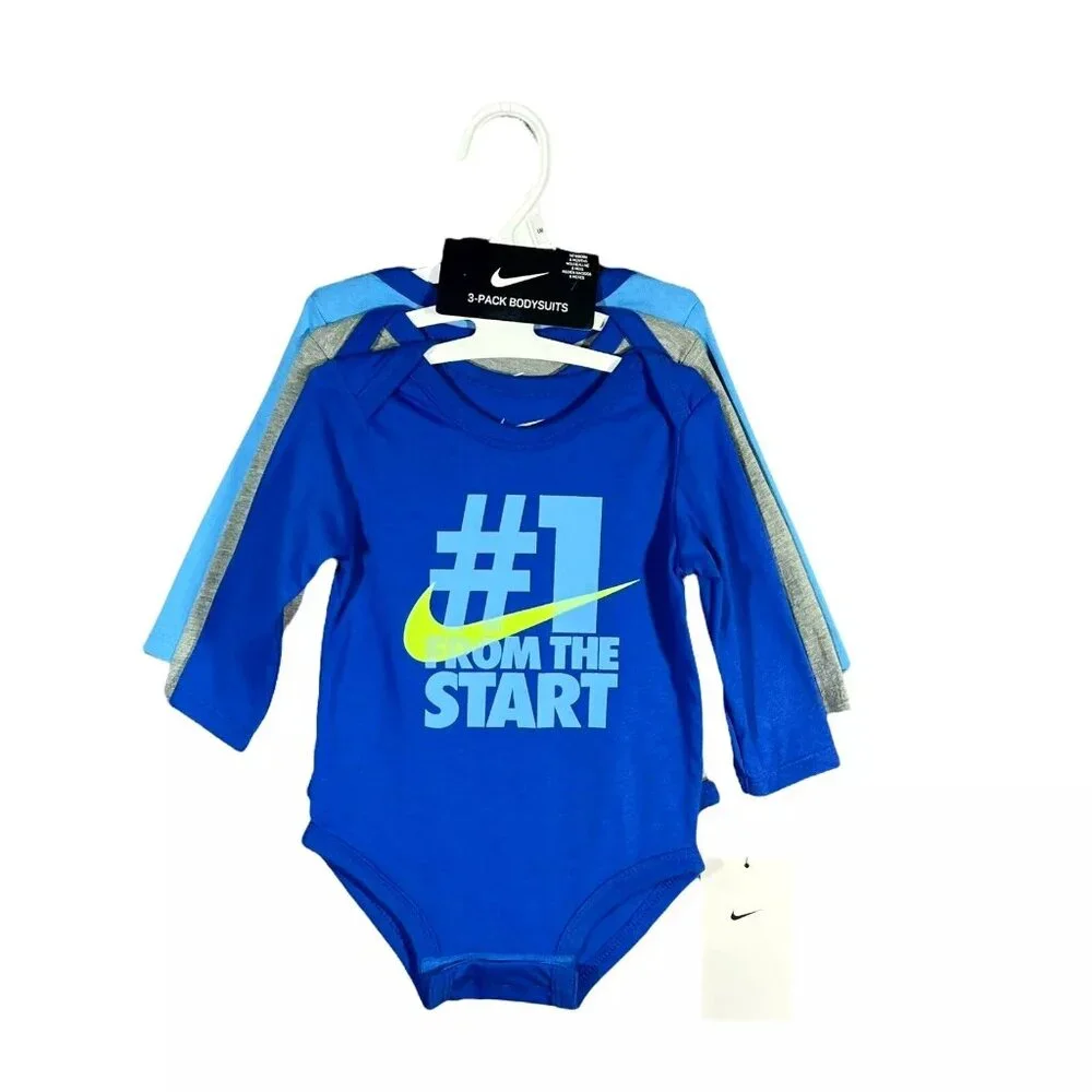 Nike Baby Boy's Long Sleeve Bodysuits Size 3-9 Months Blue/Multicolor 3-Pack Set
